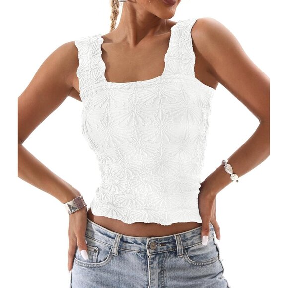 Women Cute Crop Tank Top Square Neck Wide Strap Vest Slim Fit Floral - Picture 2 of 5